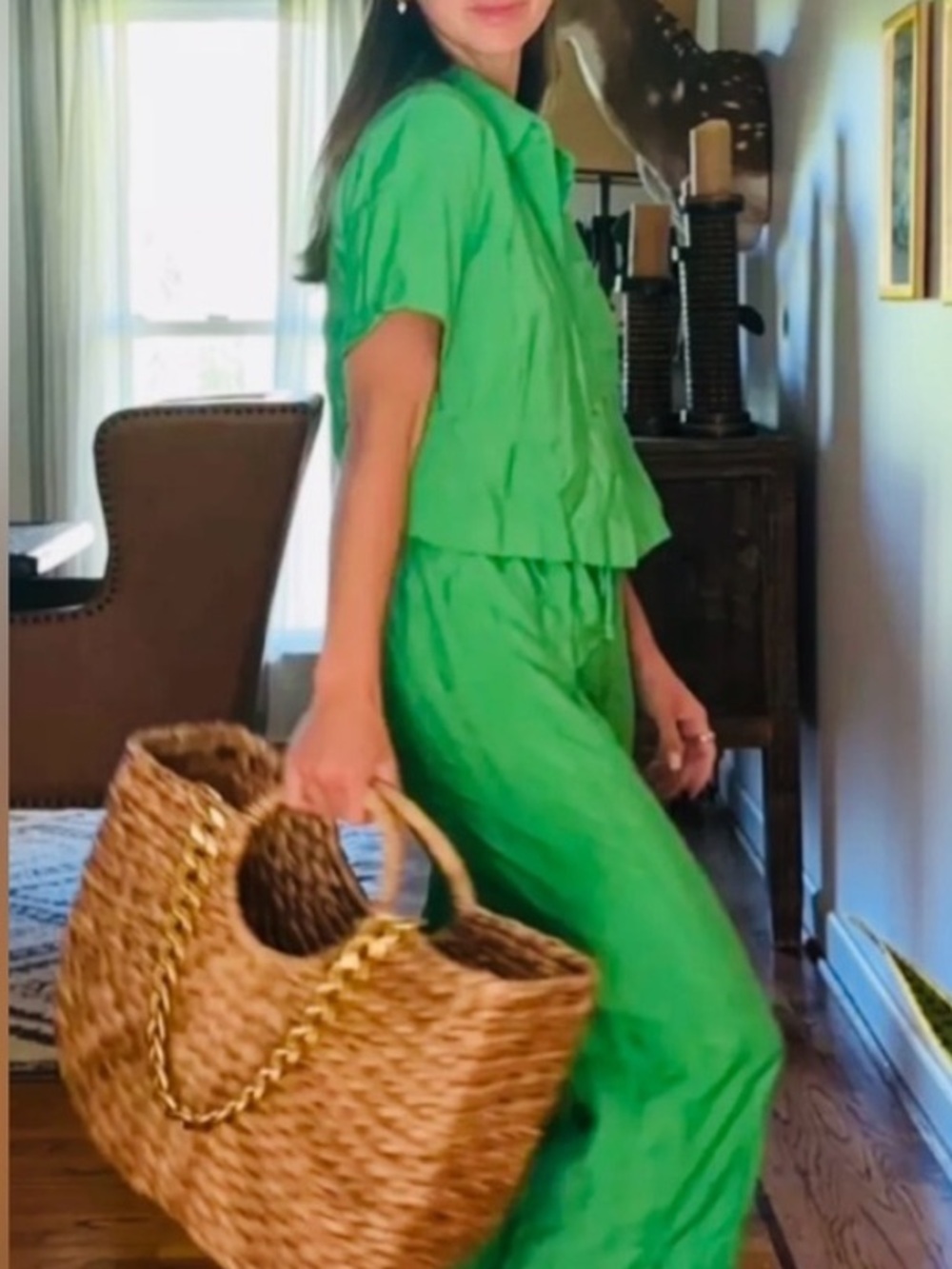 Jason Wu Kelly Green Wide Leg Pants Set Button Down Top Medium M